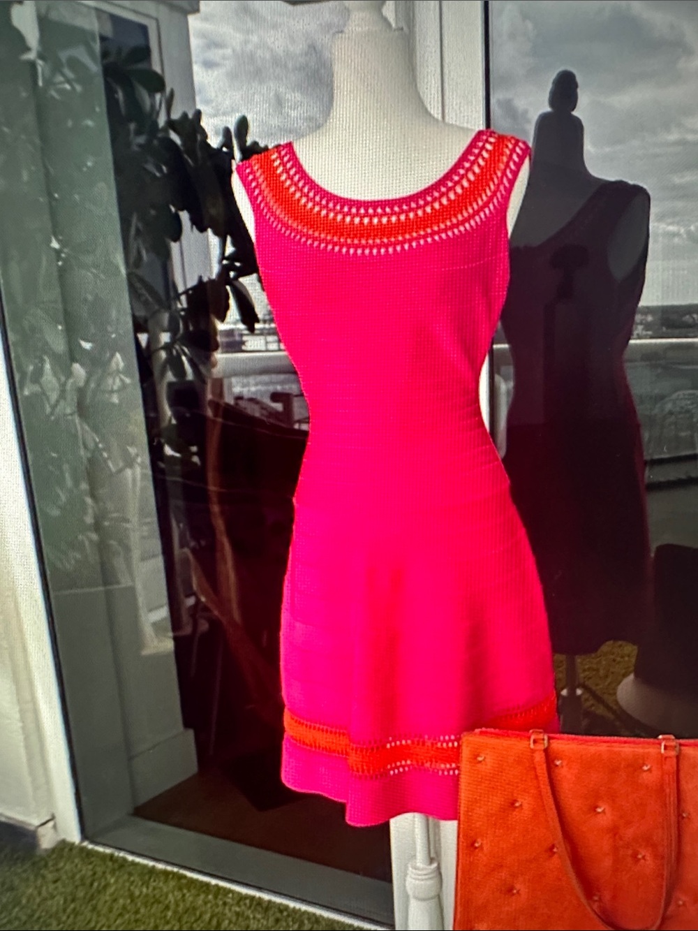 Herve Leger Hot Pink with Orange Trim Knit Mini Dress